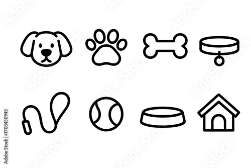 Dog pet icon set. Minimalist line art collection. Vector puppy care symbols: paw print, bone, collar, leash, ball, food bowl, doghouse. Simple outline graphic elements.