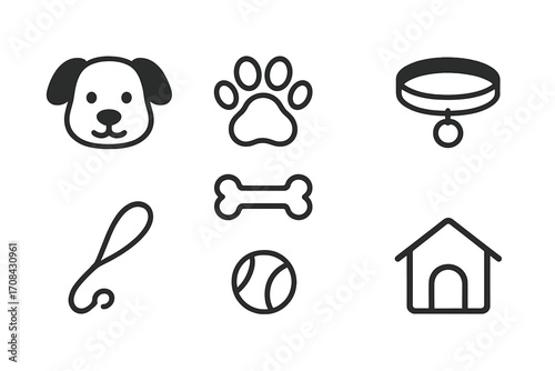 Dog care icon set. Minimalist pet line art icons collection. Vector symbols of puppy head, paw print, bone, collar, leash, ball, bowl, doghouse. Pet supplies elements.
