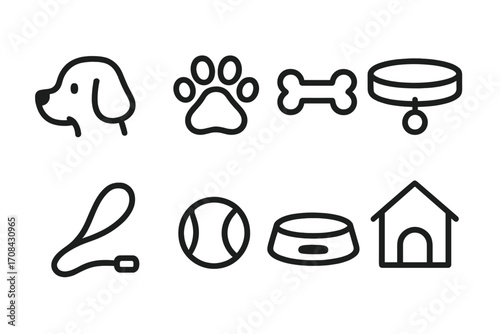 Dog pet care outline icon set. Minimalist symbols collection: puppy, paw print, bone, collar, leash, ball, food bowl, kennel. Vector graphic for web, vet, pet shop design.