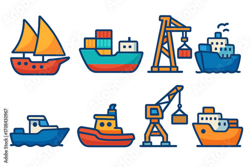 Maritime transport and shipping icon set. Vector cartoon collection of cargo ship, container vessel, sailboat, tugboat and port crane for logistics and freight industry.