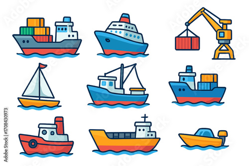 Maritime transport and shipping icon set. Vector cartoon illustration of boats, cargo ship, container crane, sailboat, cruise liner, and fishing boat for sea freight logistics.