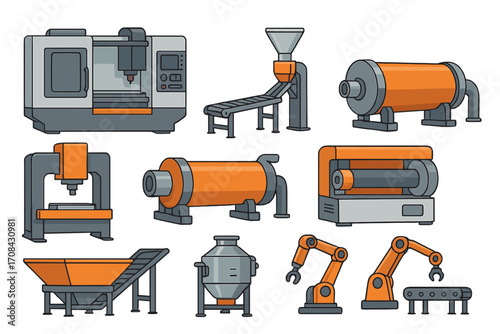 Modern industrial equipment collection, factory machinery set with processing machines, conveyor belt, robotic arms, manufacturing technology, production line tools, vector cartoon illustration