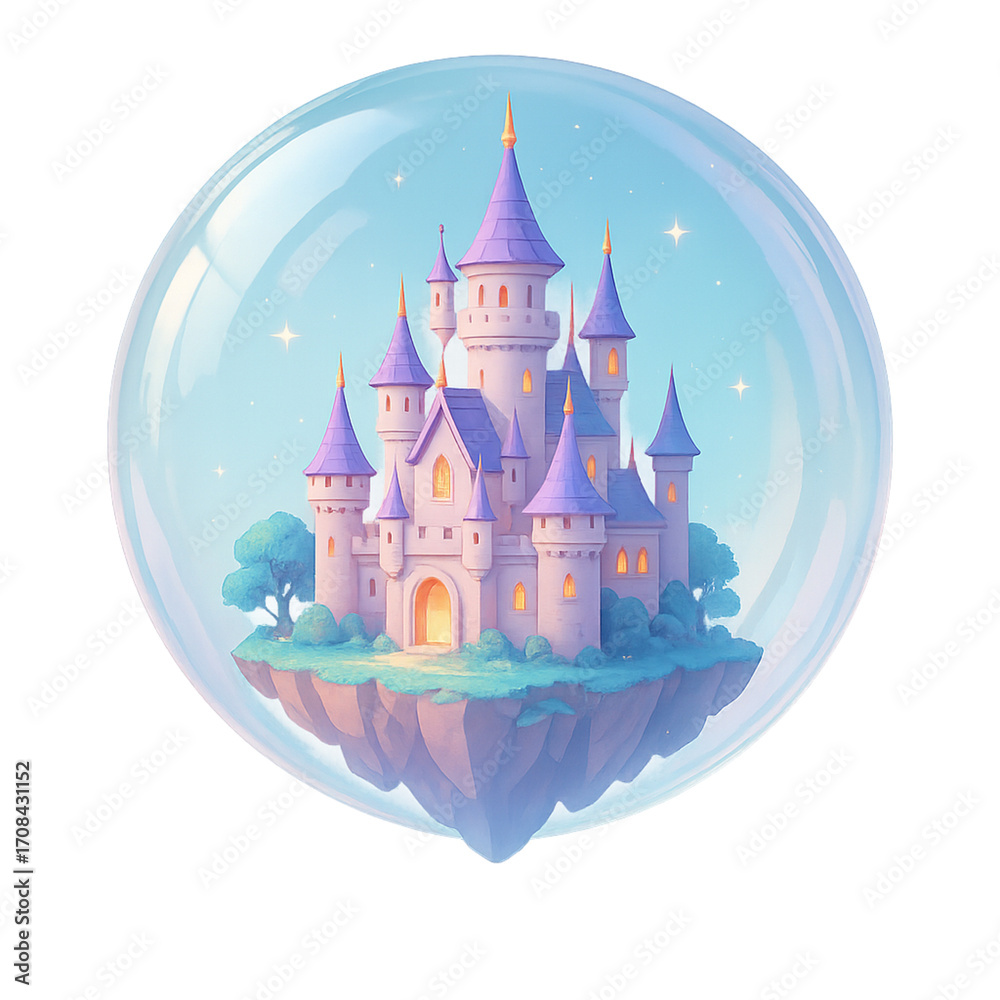 Fototapeta premium Charming Illustration - Enchanted Floating Castle in Magical Bubble Sky featuring soft lighting, pastel tones, expressive characters, and whimsical design elements for storytelling and merchandise.