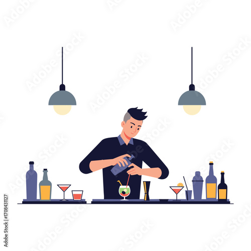 Mixing cocktails bar digital illustration modern environment side view bartending skills. Vector illustration