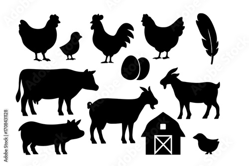 Silhouette farm animals and icons, chickens, eggs, cow, goat, pig, barn, poultry vectors, black vector cartoon illustration with transparent background, ordered set, rural livestock symbols