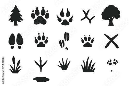 Silhouette animal tracks and habitat elements icon set, vector cartoon illustration with transparent background, wildlife footprints, paw prints, tree, grass, pond, and nature elements collection