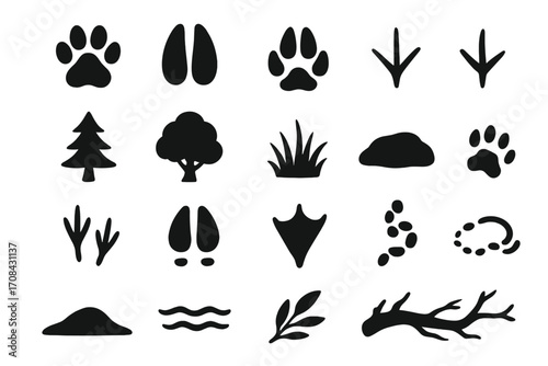 Silhouettes of animal tracks and wildlife habitat elements, vector cartoon icons collection, forest footprints, bird and mammal paw prints, tree and grass silhouettes, nature and outdoor symbols set