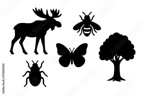 Silhouette icons of nature wildlife with moose, insect, bee, butterfly, and tree, vector cartoon illustration set with transparent background, forest and garden wildlife symbols
