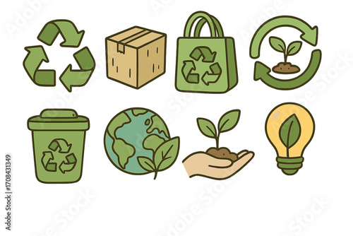 Unique collection of eco-friendly symbols illustrating recycling process sustainable practices environment protection green energy conservation concept vector cartoon icons