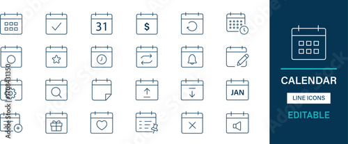Minimalist line calendar icons pack. Date, schedule, planner, month, day, event, reminder, deadline, meeting, appointment, time and editable icons.