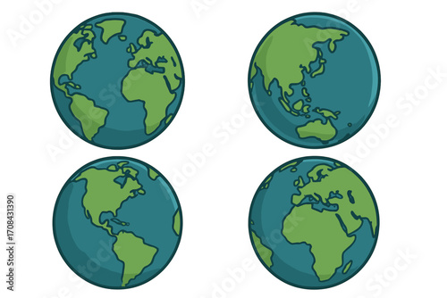Varied Earth Globe Vector Icons, Minimalist Artistic Style Cartoon Illustrations with Transparent Background, World Map Representations Showing Continents, Oceans, Global Sphere Set
