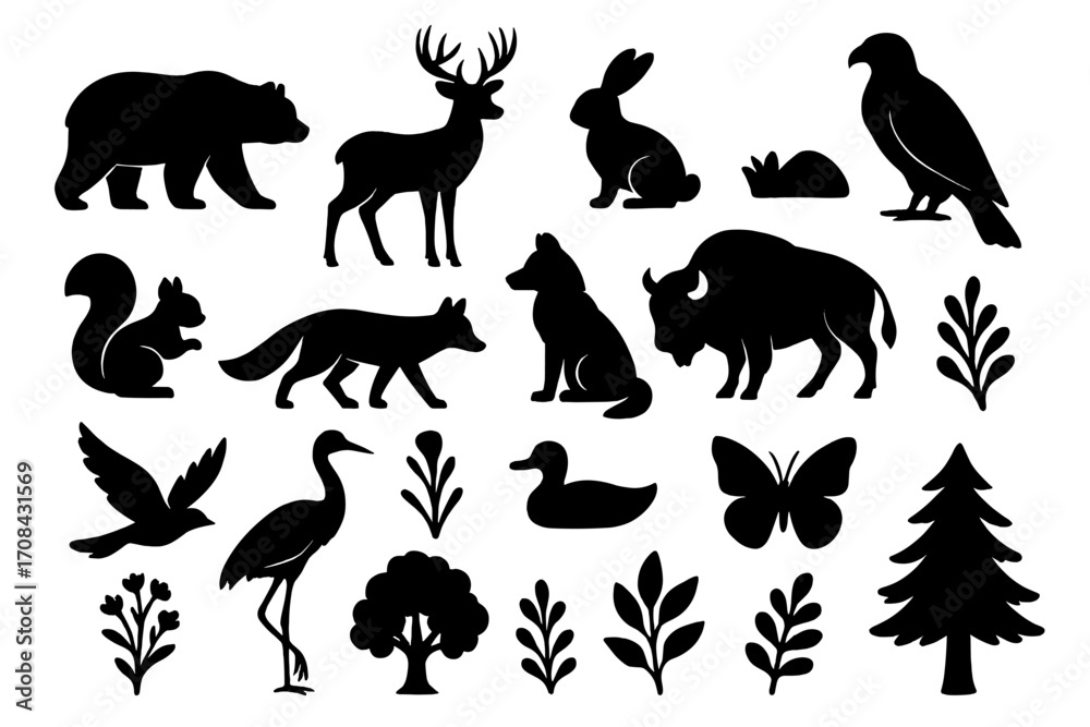 Obraz premium Wildlife and nature silhouettes icon set with animals and plants, forest creatures vector collection, bird, deer, bear, butterfly, fox, rabbit, tree, plant elements, outdoor nature design