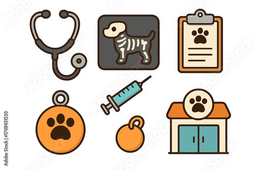 Veterinary icons set with stethoscope, syringe, X-ray of dog bones, clipboard with paw print, pet tags, and veterinary clinic building, cartoon vector illustrations for pet healthcare and animal care