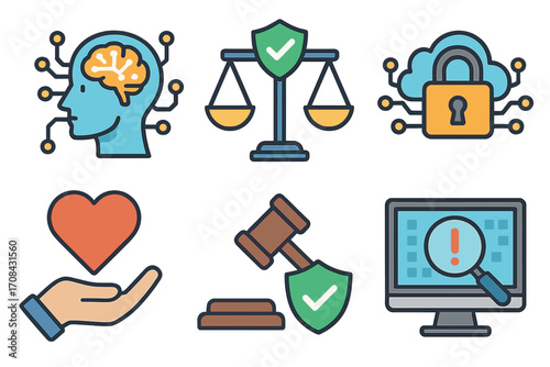 Visual representation of artificial intelligence ethics cybersecurity concept icons colorful cartoon illustration technology brain security law digital protection data safety symbols vector