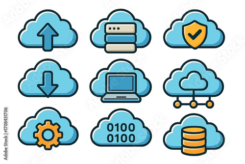 Various Cloud Computing Icons Representing Digital Services and Network Functions, Technology Concepts, Data Storage, Security, Upload and Download, Computing, and Coding Vector Cartoon Illustration