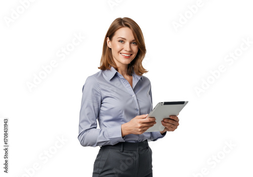 Female office professional, woman, 30s, smiling, holding tablet isolated
