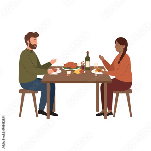 Couple enjoying a romantic dinner cozy restaurant digital illustration intimate setting side view culinary delight. Vector illustration