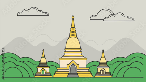 Golden pagodas green hills cloudy sky temple yellow