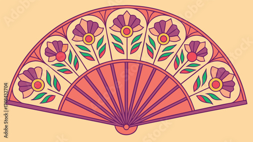 Ornate floral fan with purple and coral decorative