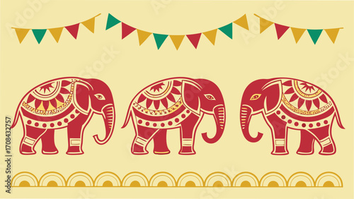 Red elephants with gold ornaments and festive flags