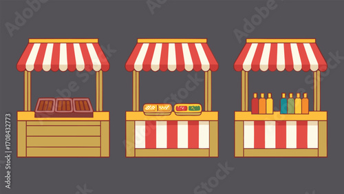 Red striped awnings over food stalls white yellow