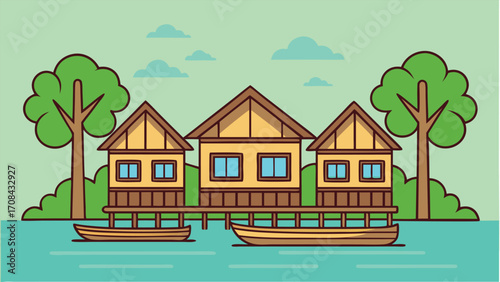 Stilt houses on turquoise water with trees village