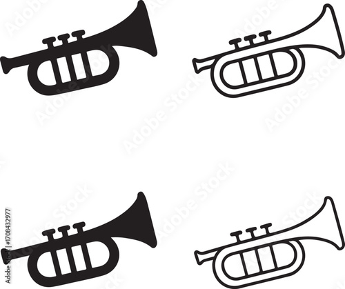 Trumpet icons set,black trumpet icons,music icons,solid silhouette,line art outline,filled minimal style,thin stroke outline,isolated vector design for music and festival projects
