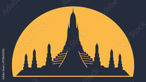 Wat Arun temple silhouette against golden sun bangkok