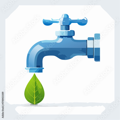 Water faucet with leaf dripping symbol of conservation and sustainability