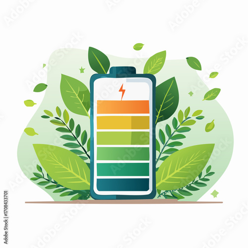 Battery with leaves Clean energy concept sustainable power source eco friendly solution green technology