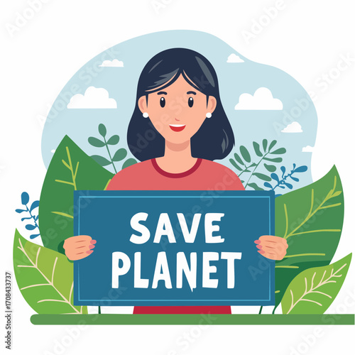 Woman holding save planet sign surrounded by lush foliage promoting environmental awareness