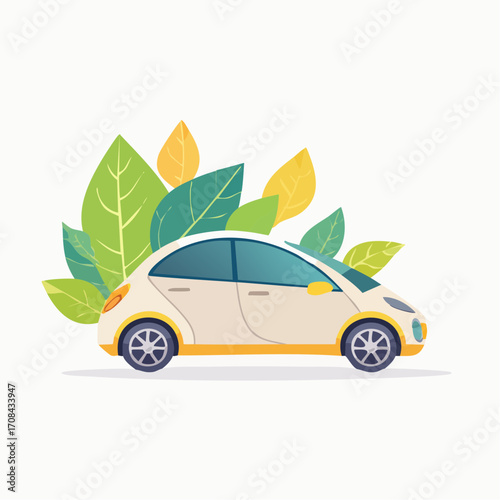Electric car Surrounded by green leaves Eco friendly transportation concept clean energy future