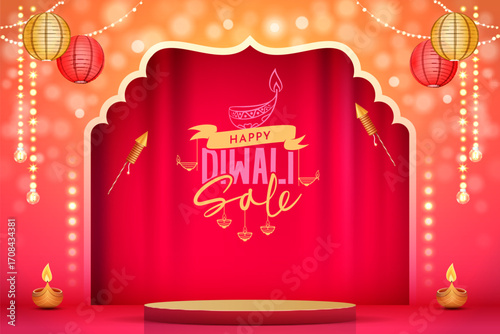 happy diwali festival sale banner design with illustration of podium, light effects, colorful bokeh background, diya
