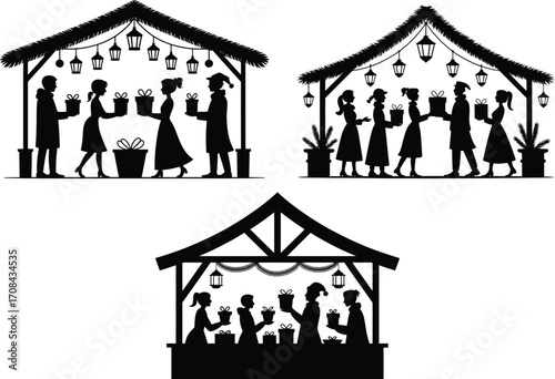 Three silhouette nativity scene booths featuring figures and gifts under festive string lights