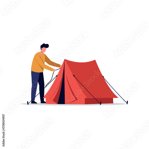 Setting up a camping tent outdoor adventure for nature enthusiasts backyard illustration daytime engaging experience. Vector illustration