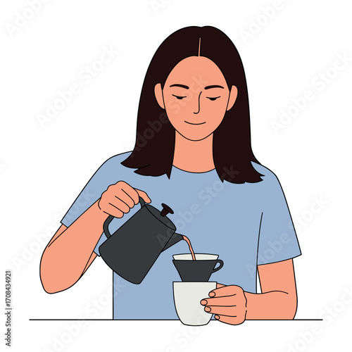 Brewing coffee at home pouring techniques kitchen illustration cozy environment view lifestyle tips. Vector illustration