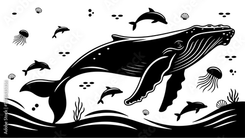 Whale and Dolphins Black and White Art