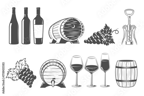 Wine design elements. Set of vector engraved emblems with bottles of wine, glasses, barrels and grape vines. Vintage stickers and badges. Elements of illustration or logo
