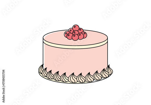 A beautiful pink frosted cake topped with red berries sits on a plate.