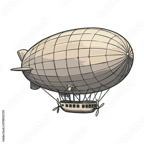 Airship adventure sky illustration vintage style aerial view exploration concept. Vector illustration