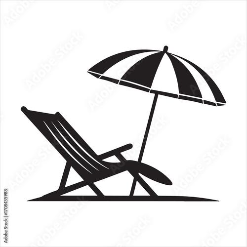 Beach chair and umbrella silhouette vector, Beach umbrella and chair icon vector illustration