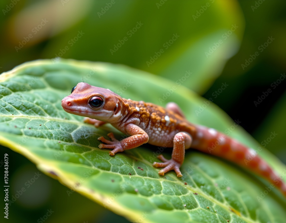 Fototapeta premium A small, vibrant lizard perched confidently atop a large green leaf