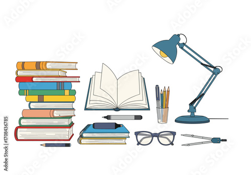 A desk with books a lamp glasses and drawing tools for studying.