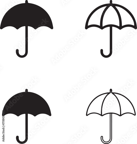 Umbrella icons set,black umbrella icons,rain umbrella icons,solid silhouette,line art outline,filled minimal style,thin stroke outline,isolated vector design for weather and safety use
