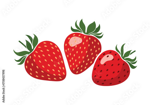 Three ripe red strawberries with green leaves on a white background.