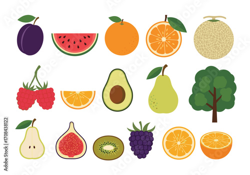 A colorful assortment of fresh fruits and a tree presented in a grid pattern.