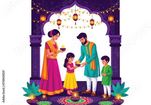Flat style illustration of an Indian family celebrating Diwali by lighting diyas around a rangoli, surrounded by lanterns and garlands, symbolizing unity, joy, and the spirit of the festival of lights