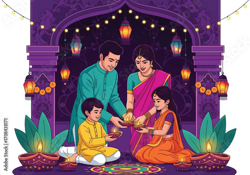 Flat style illustration of an Indian family celebrating Diwali by lighting diyas around a rangoli, surrounded by lanterns and garlands, symbolizing unity, joy, and the spirit of the festival of lights