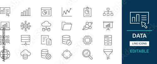 Minimalist line data icons pack. Database, cloud, server, storage, backup, analytics, chart, network, file, folder, binary and editable icons.