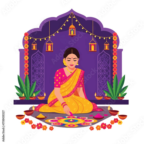 Flat style illustration of an Indian woman creating a colorful rangoli design for Diwali, surrounded by diyas, flowers, and lanterns, tradition, beauty, and the joy of the festival of lights